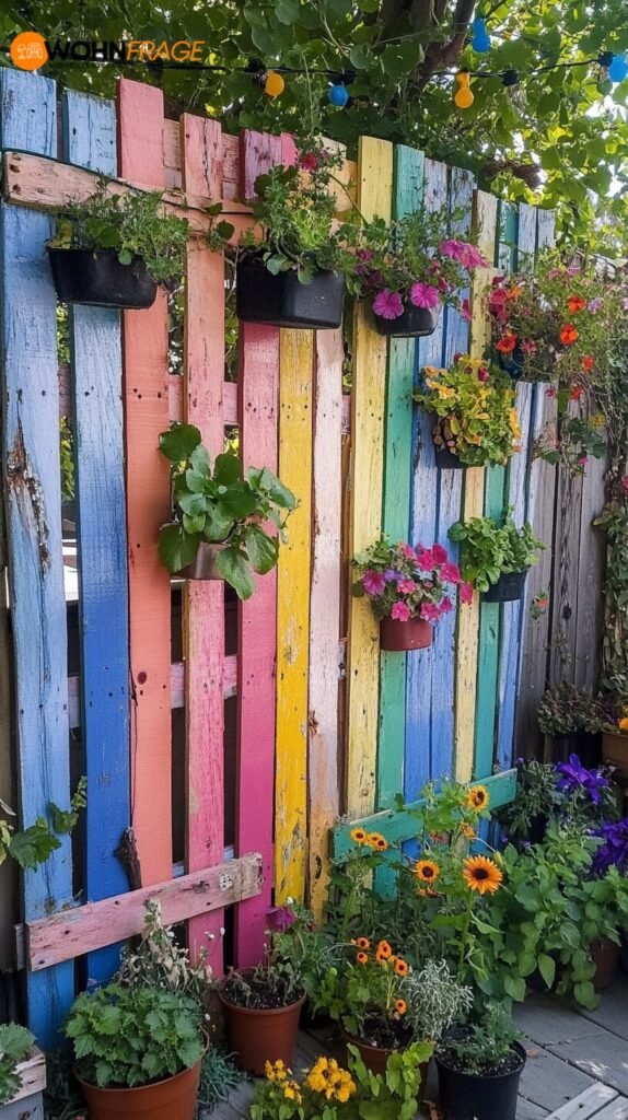 Upcycling-Sichtschutz aus Holzpaletten mit kreativer Farbgestaltung und
