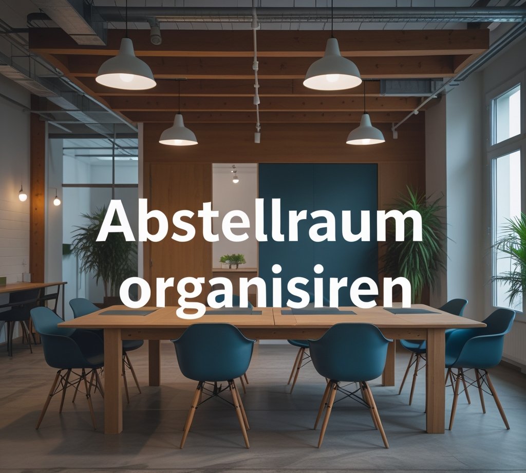 Text 'ABSTELLRAUM ORGANISIEREN' auf Lagerraum-Hintergrund