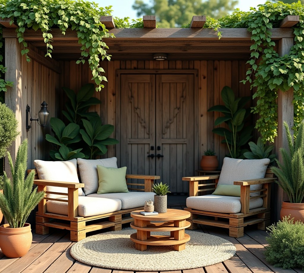 Rustikale Gartenmöbel aus Paletten mit üppigen Pflanzen