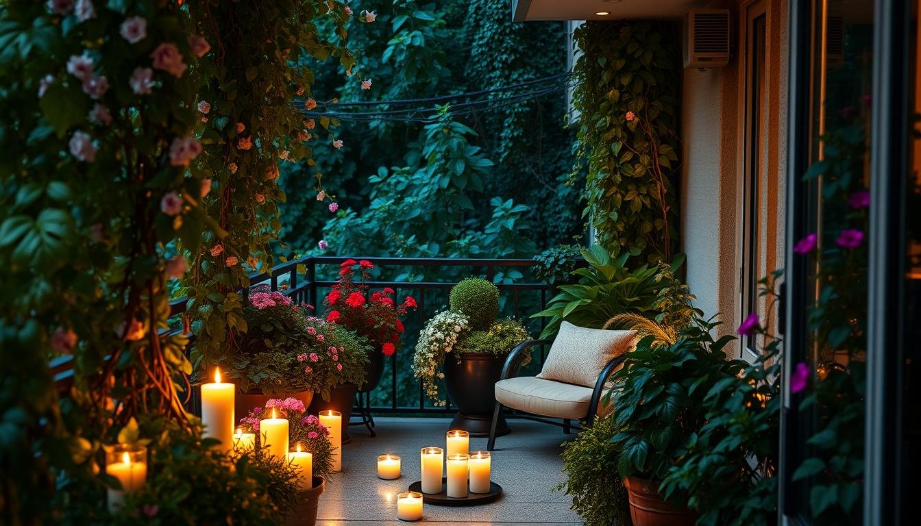 balkon gestalten mit pflanzen und kerzen