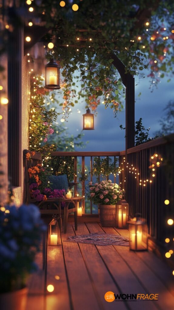 Balkon mit stimmungsvoller Beleuchtung und Kerzen