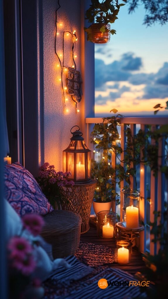 Gemütliche Lichtstimmung auf kleinem Balkon
