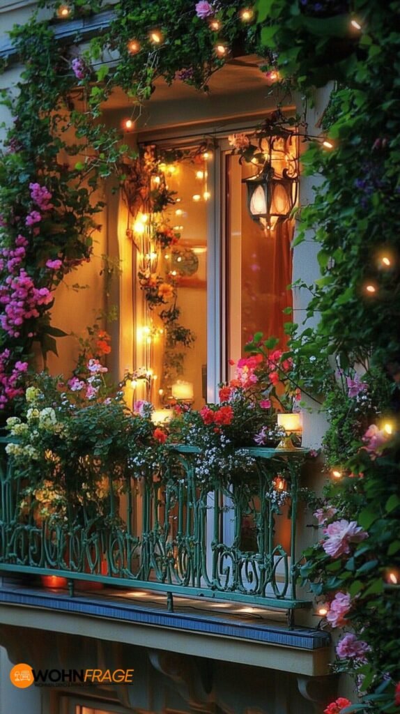 Balkon mit blühenden Pflanzen und Kerzen