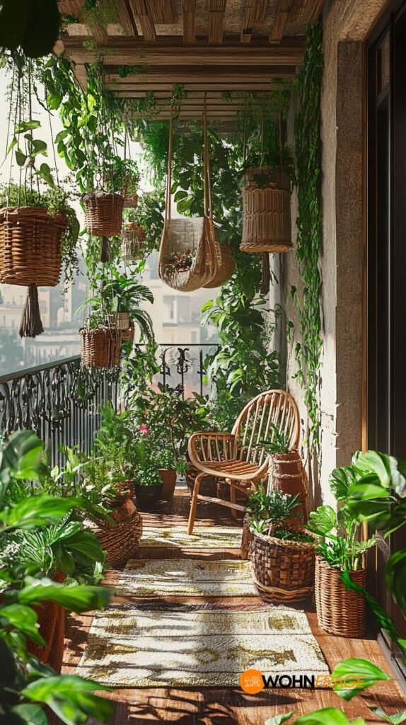 Boho-Balkon mit Pflanzen und Naturmaterialien