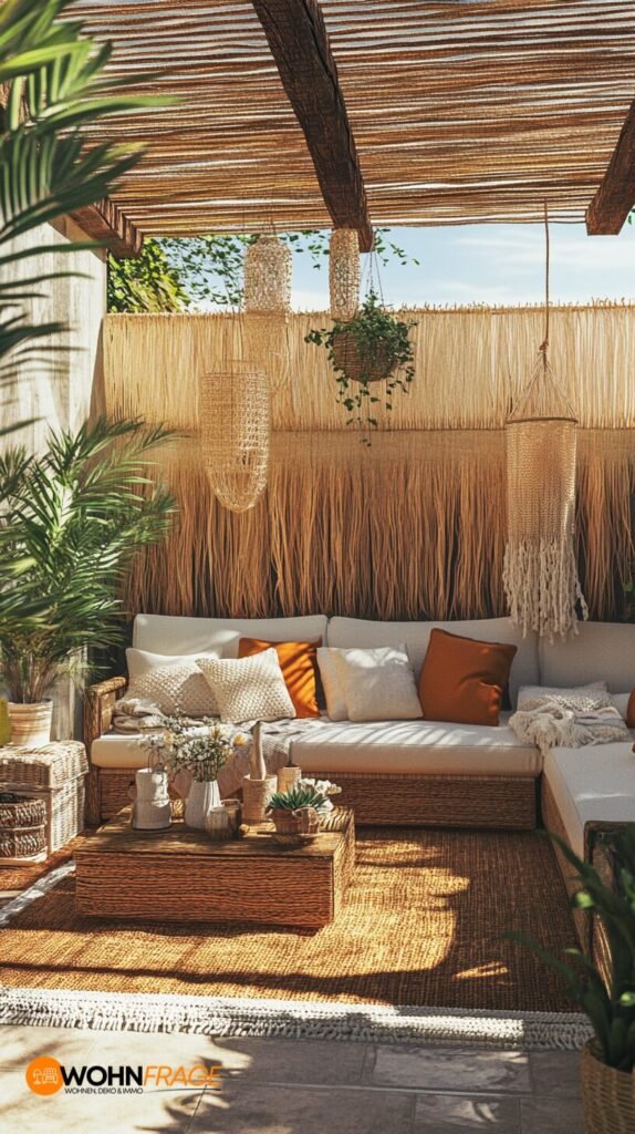 Boho-Terrasse mit natürlichen Textilien