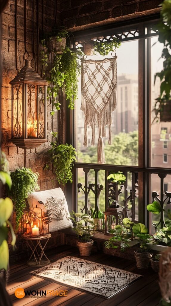 Dekorativer Balkon mit Pflanzen und Kerzen