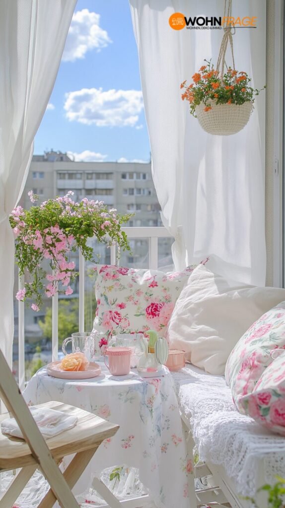Balkon mit frühlingshafter Dekoration & Textilien