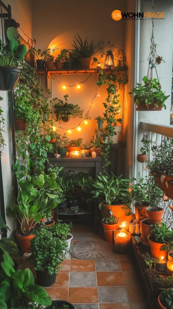 Balkon mit Kräutern, Nutzpflanzen und Kerzen