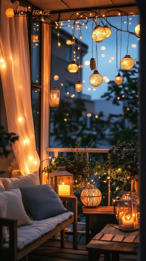 Balkon mit Lichterketten und dekorativen Laternen