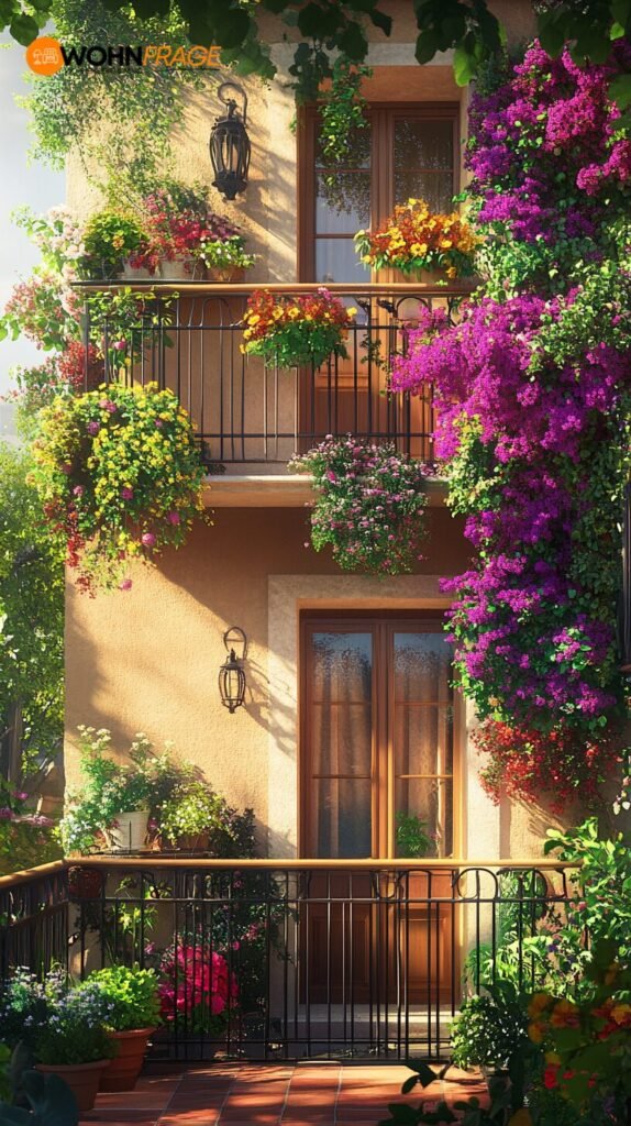 Balkon mit bunten Blumen und grünen Pflanzen