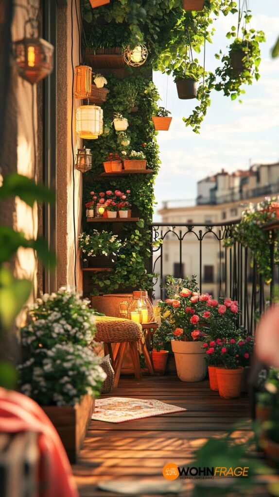 Kleiner Balkon mit Pflanzen und Deko