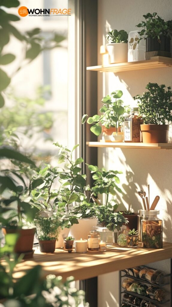 Gepflegter Balkon mit Pflanzen und Kerzen