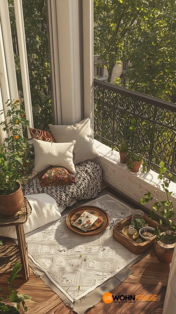 Kleiner Balkon mit Kissen und Accessoires