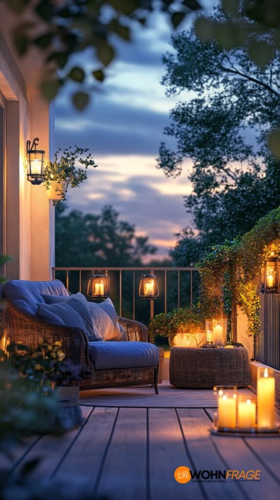 Balkon mit romantischen Windlichtern und Kerzen