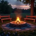 Gemütliche Gartenfeuerstelle bei Dämmerung mit Steinkreis