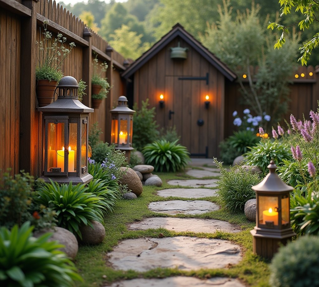 Rustikale Gartenlaterne an Holzzaun bei Abenddämmerung