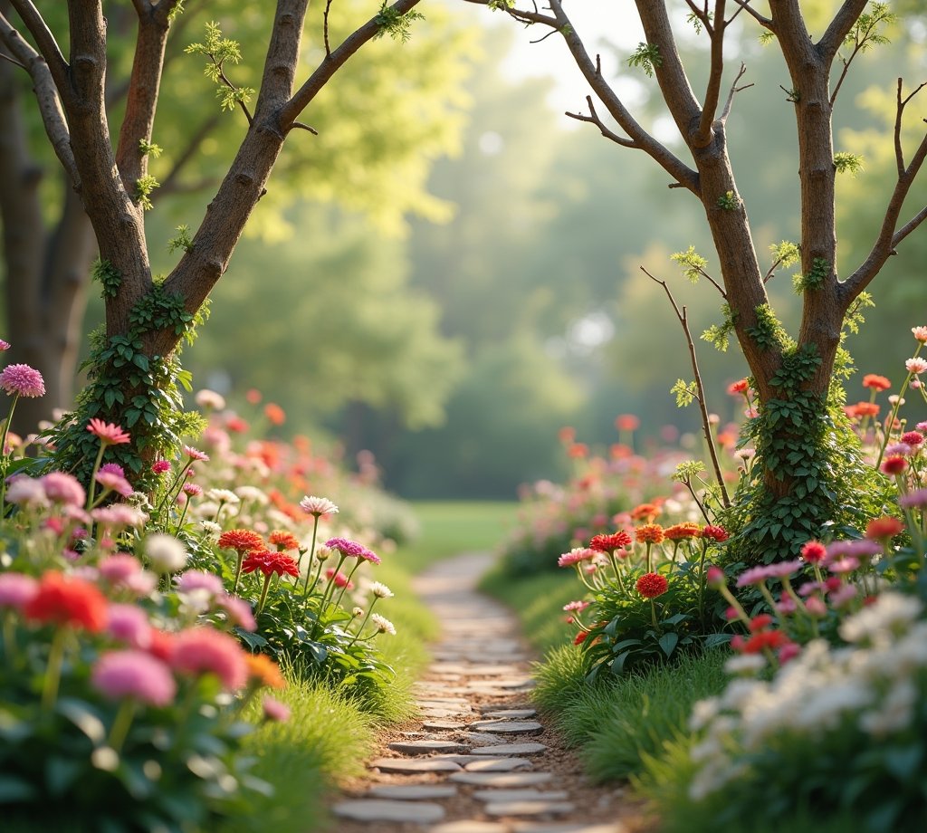 Rustikale Gartendeko mit Zweigen und Frühlingsblumen