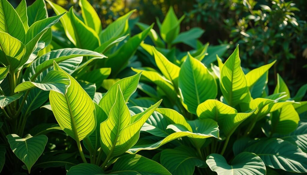 Großblättrige Gartenpflanzen im Außenbereich