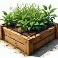 Hochbeet aus Holz mit Pflanzen und Erdschichten