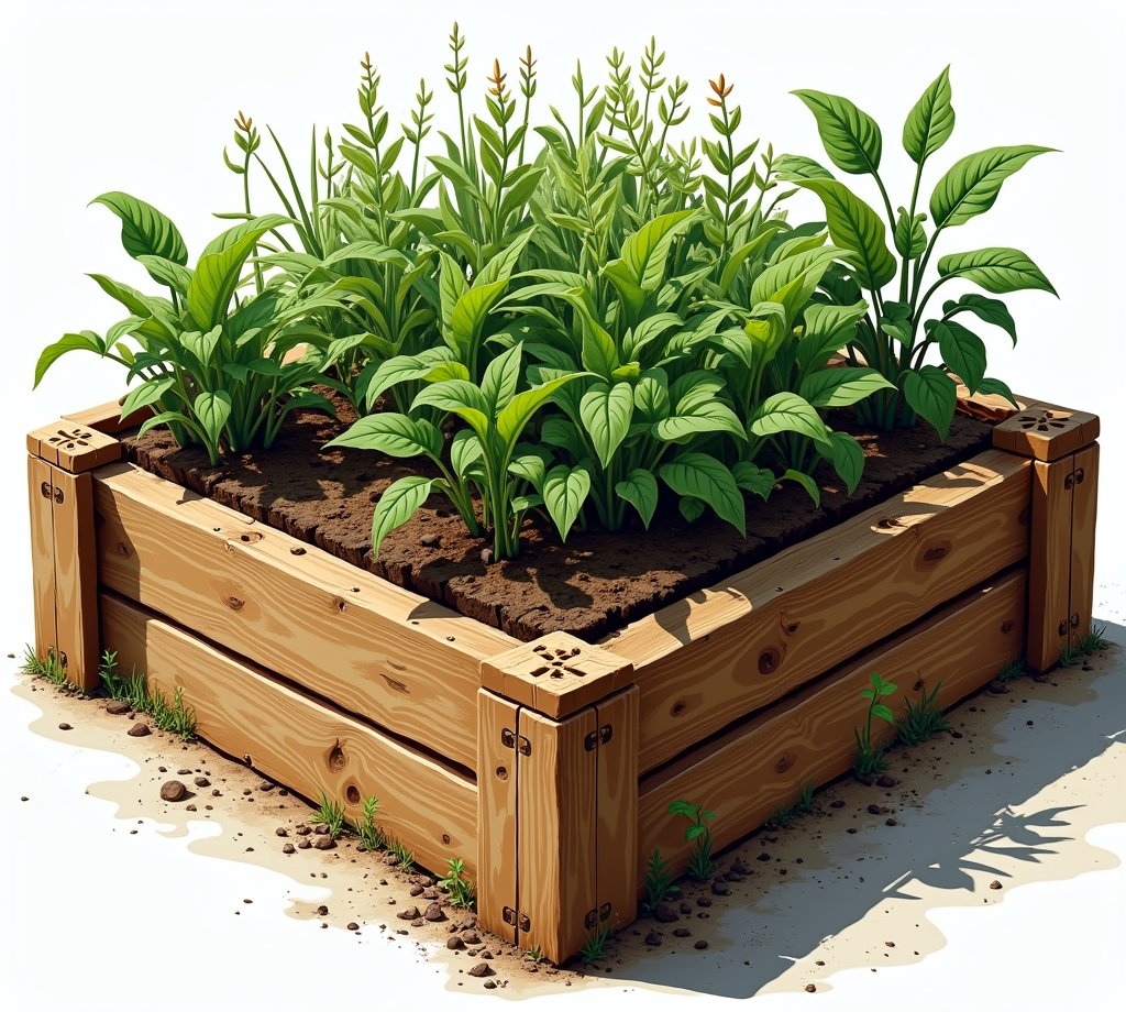 Hochbeet aus Holz mit Pflanzen und Erdschichten