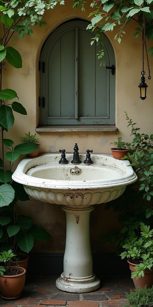 Vintage-Waschbecken mit Blumen im rustikalen Garten