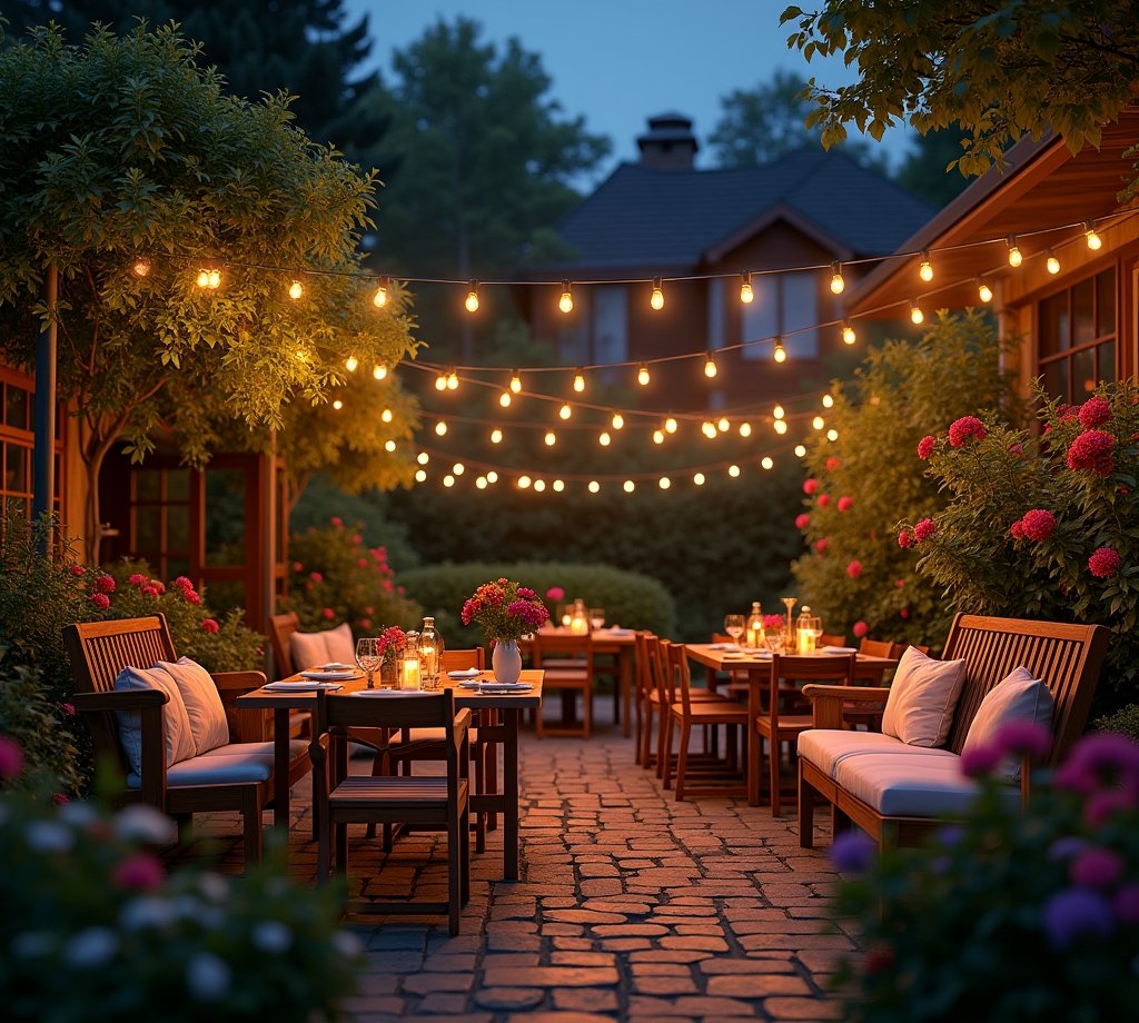 Sommerliche Gartenparty bei Nacht mit Lichterketten
