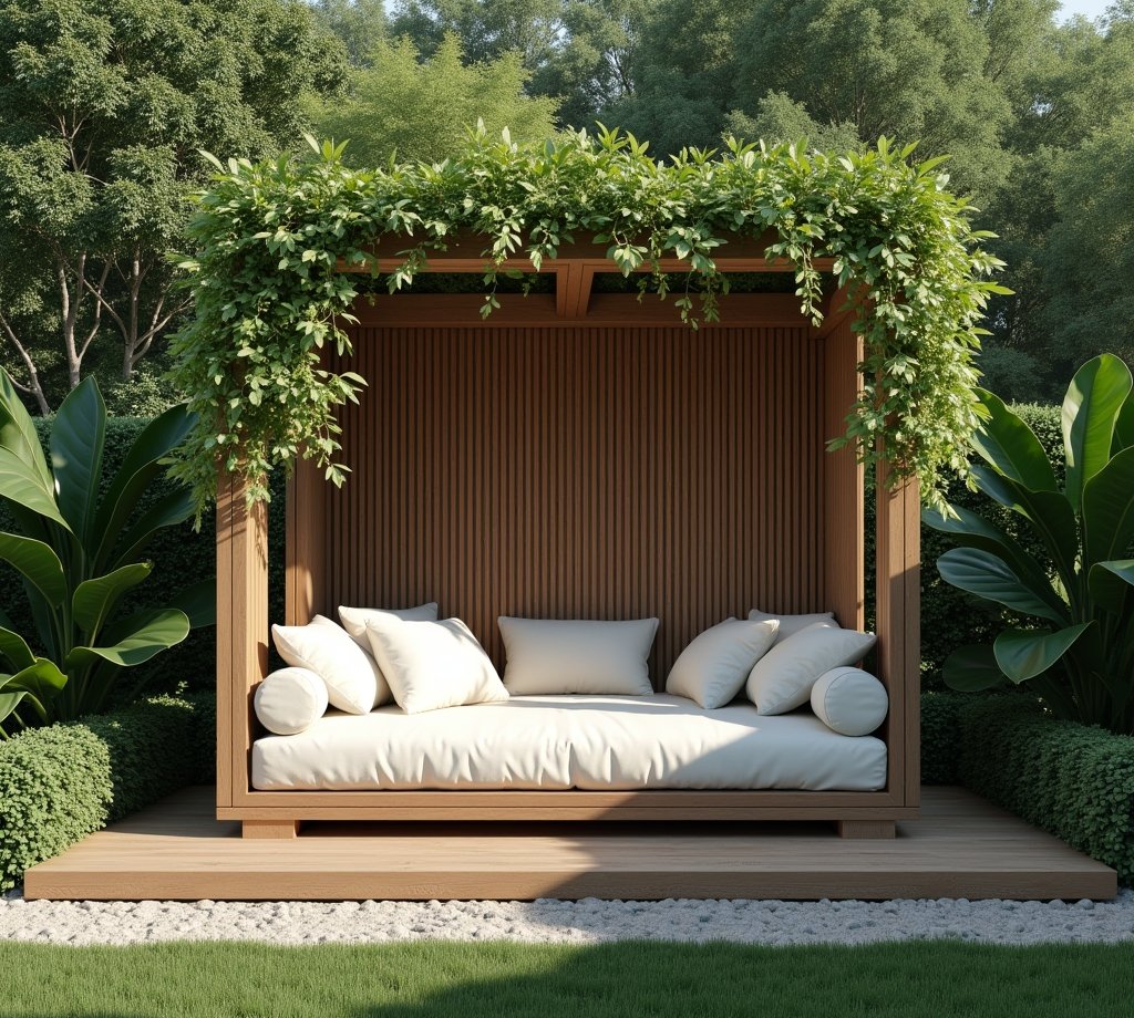 Luxuriöse Gartenliege in üppiger Grünanlage