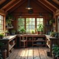 Gemütliches Gartenhaus-Interieur mit Holzmöbeln & Pflanzen