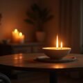 Gemütlicher Tisch mit Kerzen und Schale im rustikalen Look