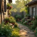 Rustikaler Bauerngarten mit Vintage-Werkzeugen und Zaun