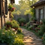 Rustikaler Bauerngarten mit Vintage-Werkzeugen und Zaun