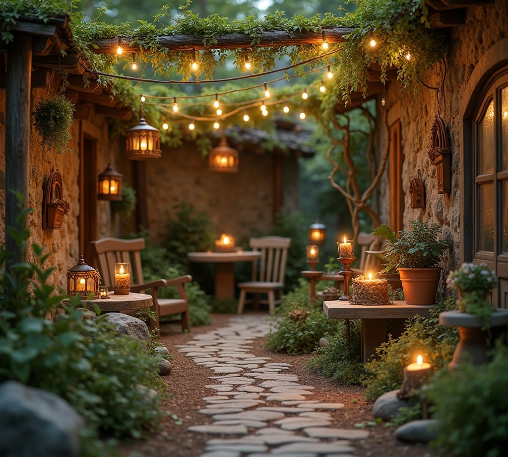 Verzauberter Garten mit Lichterketten und rustikaler Deko