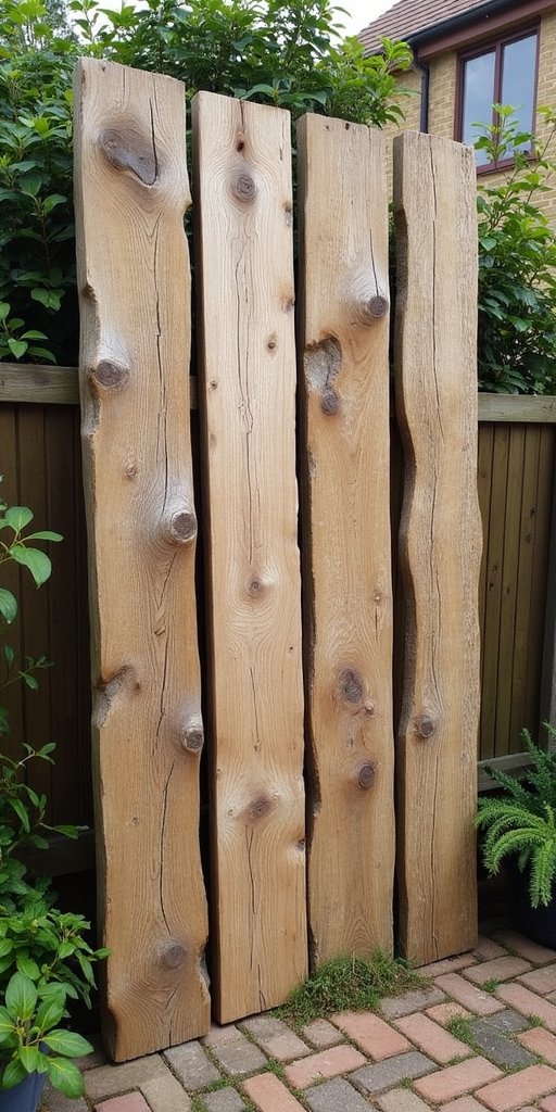 Rustikale Gartendeko mit Holzstämmen im Sonnenlicht