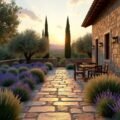 Mediterrane Gartenterrasse mit Lavendel bei Sonnenuntergang