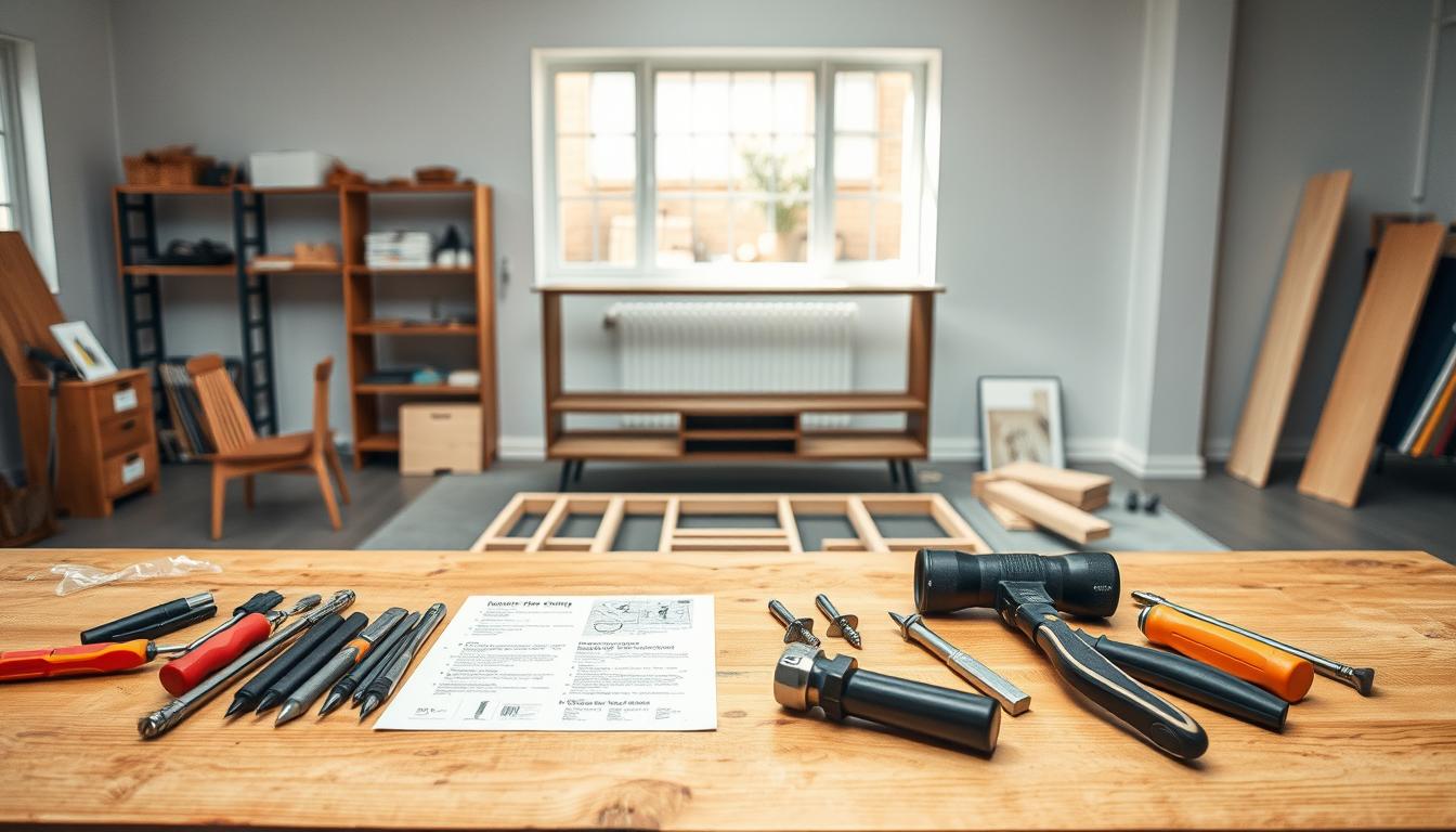 Möbelmontage mit Werkzeugen und Anleitung