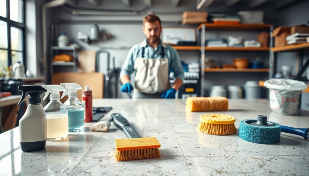 Photorealistic image of modern cleaning methods for natural stone. A professional stone restoration specialist standing in a bright, well-lit workshop, demonstrating the use of specialized equipment and tools. In the foreground, a variety of cleaning solutions, brushes, and sponges are neatly arranged on a workbench. In the middle ground, the natural stone surface being treated, with visible imperfections and discoloration. The background showcases the workshop environment, with shelves of additional supplies and equipment. The scene conveys a sense of expertise, attention to detail, and the importance of using the right techniques and tools for effective natural stone cleaning and restoration.