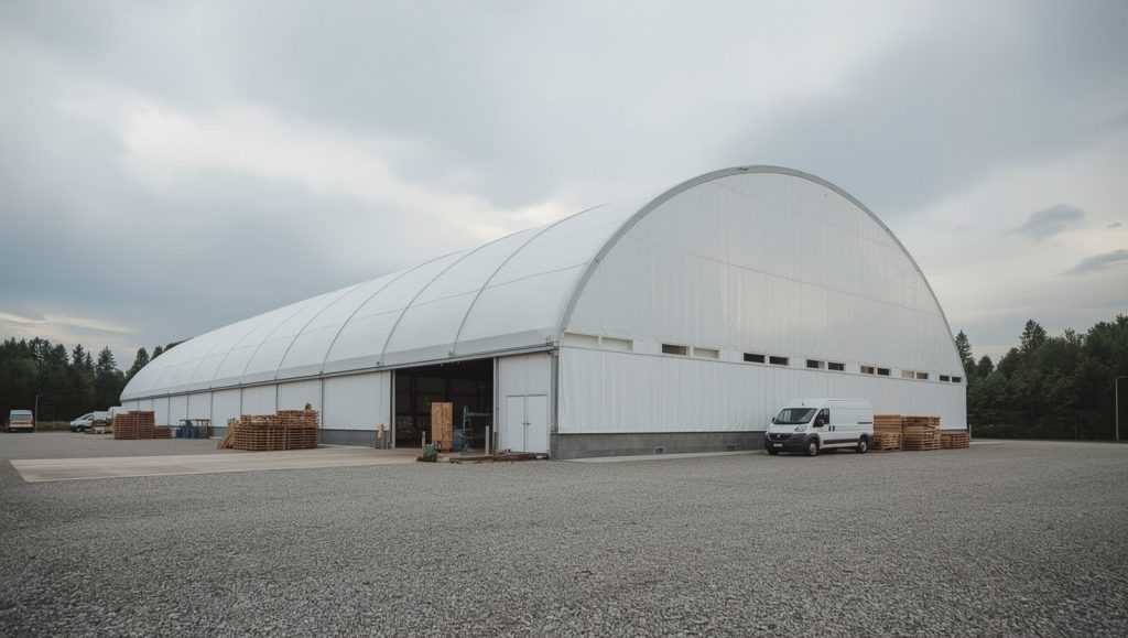 Mittelständische Gewerbe-Lagerhalle mit Lieferwagen und Paletten