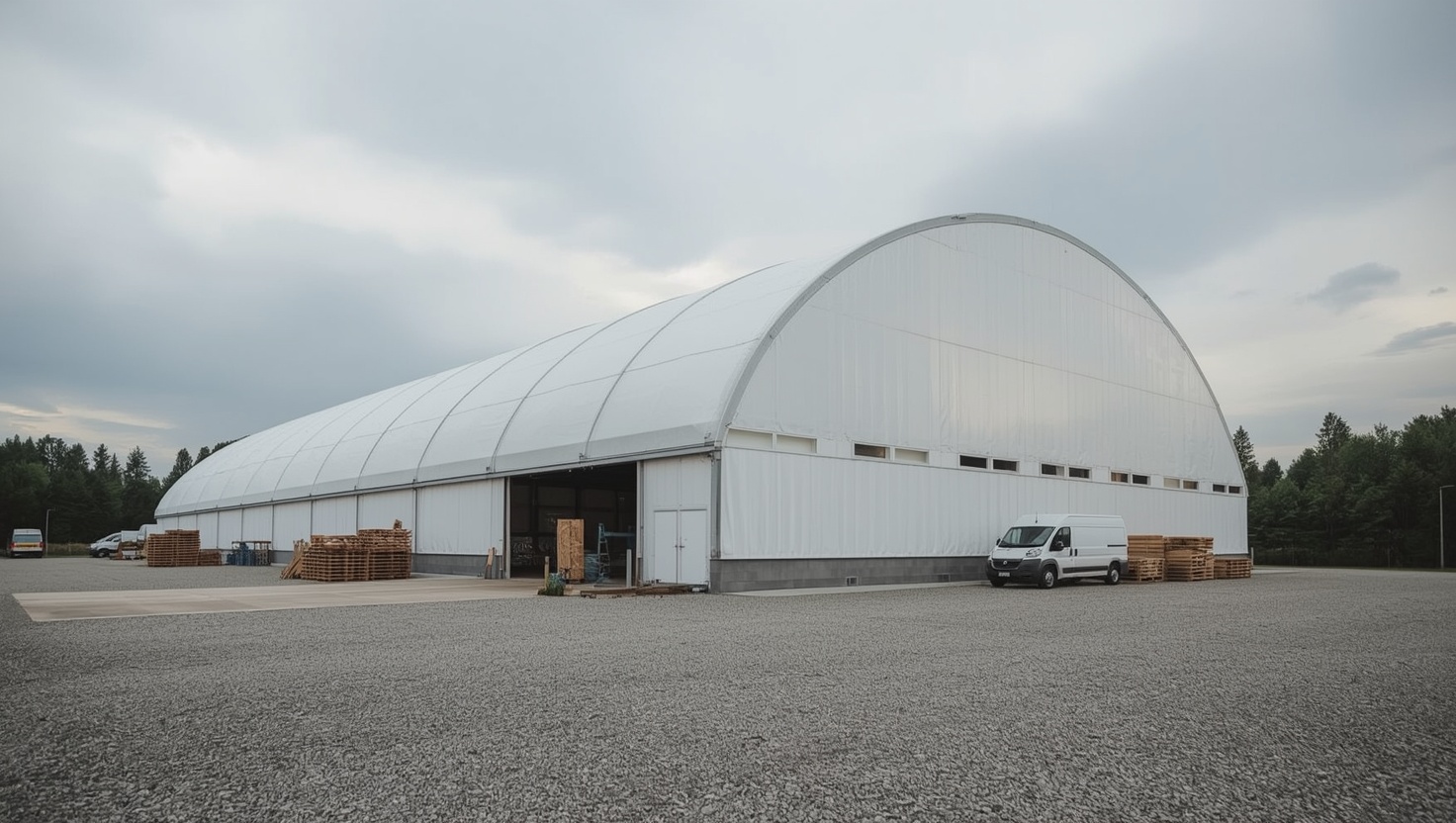 Mittelständische Gewerbe-Lagerhalle mit Lieferwagen und Paletten